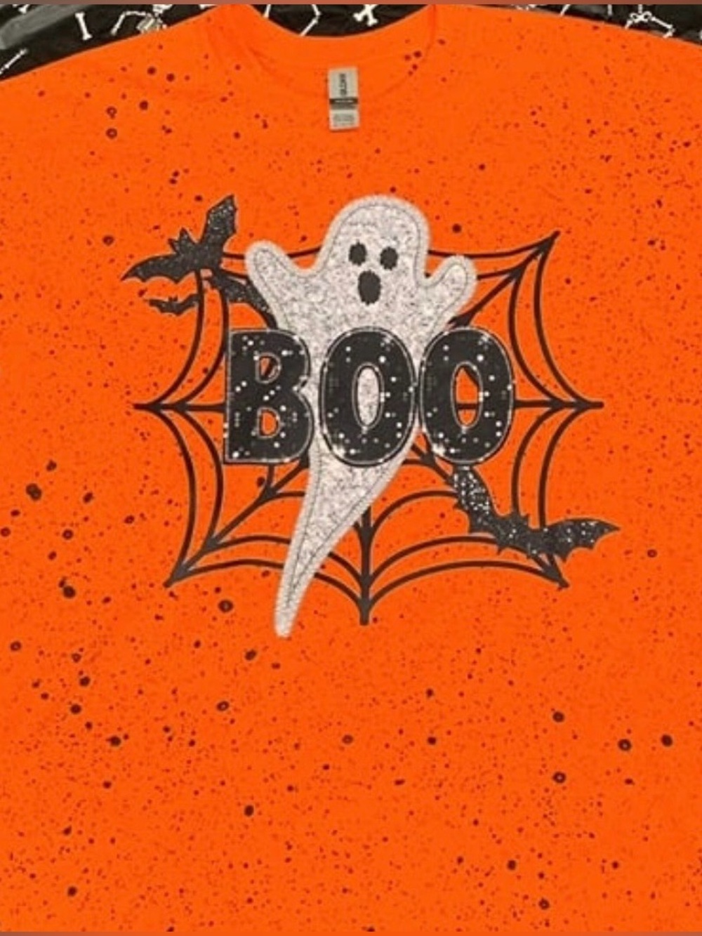 Orange Halloween Shirt splatter painted with faux Glitter Ghost 'BOO'